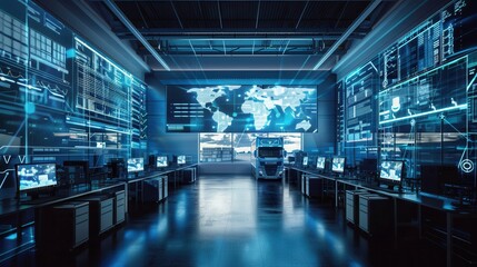 The control center showcases advanced technology with large displays showing delivery routes and logistics data for real-time tracking. Generative AI