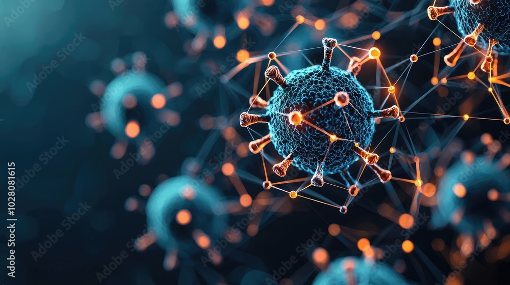 Poster close-up of a virus model with interconnected nodes, dark background.