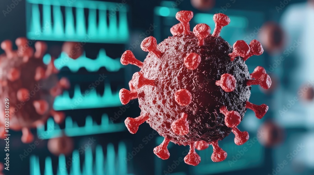 Poster 3d representation of virus with data visualization background.