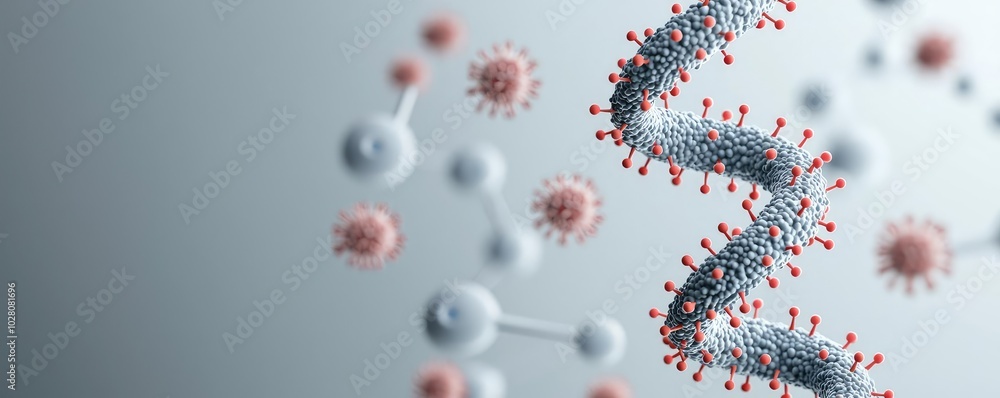 Poster close-up of dna strands with atoms and virus particles in abstract view.