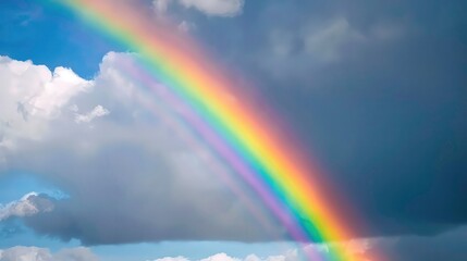 A vibrant rainbow arches through the sky, partially hidden behind clouds, displaying a mesmerizing spectrum of colors.