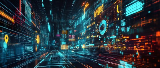 Fototapeta premium Design a photorealistic digital artwork showcasing a seamless integration of modern technology with sophisticated data analysis tools for a business intelligence technology concept