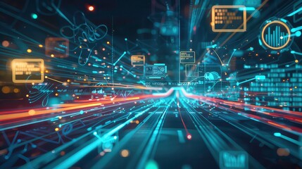 The image depicts a digital highway with abstract data and information flowing through it, symbolizing the rapid movement and interconnectedness of digital data in the modern world.