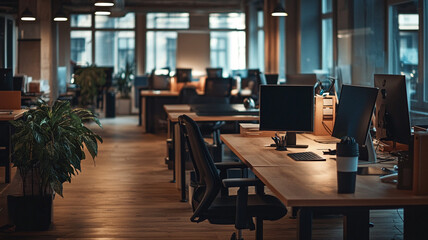 Fototapeta premium Modern open office space with wooden furniture and plants during late afternoon light