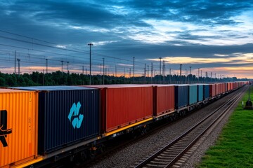 Obraz premium Freight wagons lined up in a rail yard, loaded with cargo, ready to be transported across the country, showcasing the scale of modern logistics