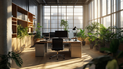 Bright and spacious modern office with greenery and a city view in the afternoon light