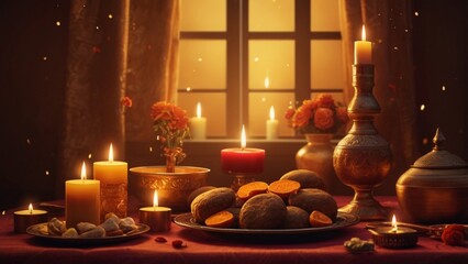 vector flat bhai dooj background with food and candles