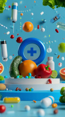 Naklejka premium Healthcare symbols amidst fresh produce and medications: a conceptual representation of health and nutrition