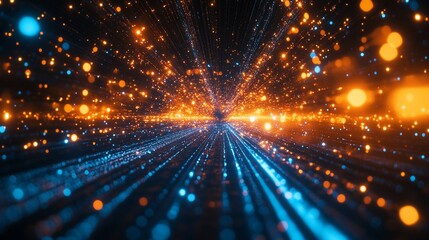 Obraz premium Abstract futuristic tunnel of light with blue and orange particles.