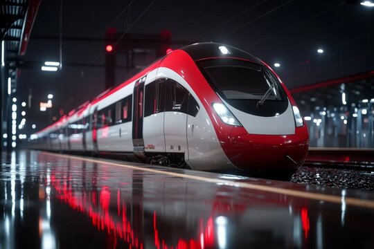 Hyper-realistic image of a train station at night, with the lights reflecting off the wet platform and the train's sleek cars ready for departure, capturing the quiet anticipation of travel