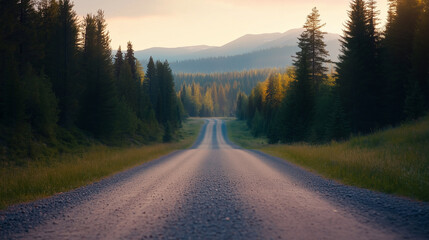 Obraz premium A serene road stretches through lush forest, surrounded by tall trees and distant mountains, evoking sense of adventure and tranquility.