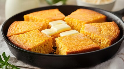 Delicious cornbread slices with butter on a black skillet.