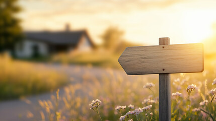 wooden signpost stands in sunlit field adorned with wildflowers, leading towards cozy house in background.