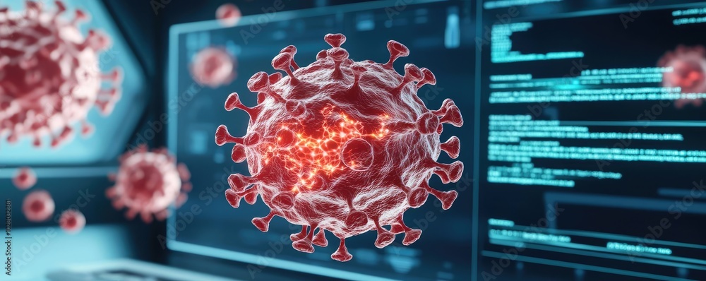 Poster 3d model of virus on computer screen with codes, scientific research concept.