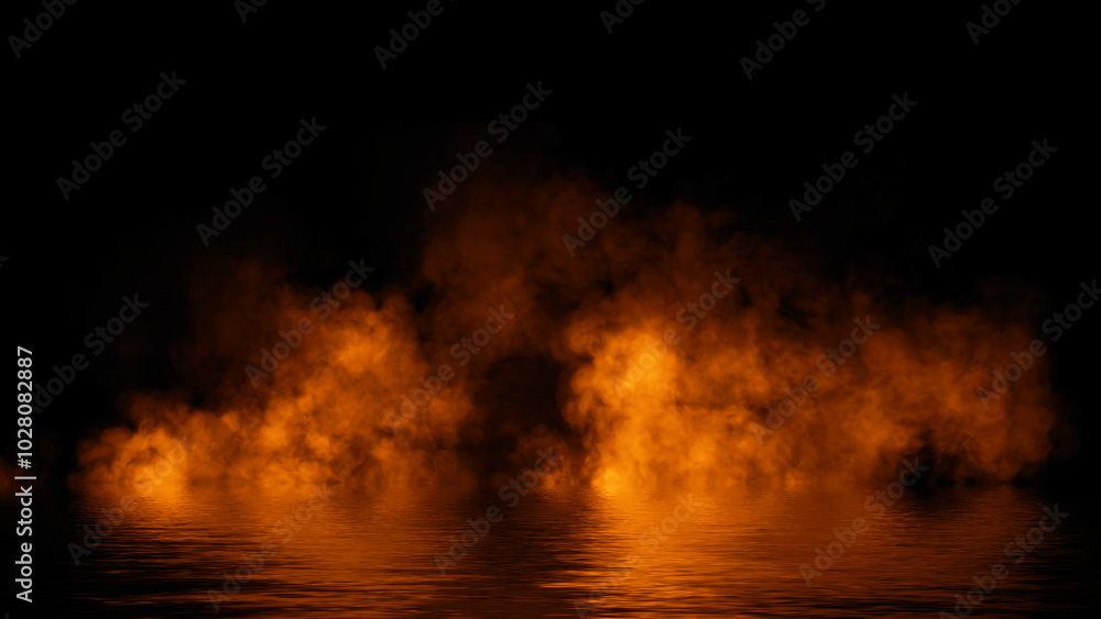 Sticker Mystery coastal fog . Fire smoke on the shore . Reflection in water. Texture overlays background. Stock illustration. Design element.