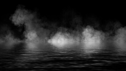 Fototapeta premium Mystery coastal fog . Smoke on the shore . Reflection in water. Texture overlays background. Stock illustration. Design element.