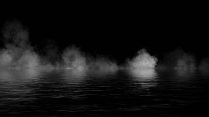 Mystery coastal fog . Smoke on the shore . Reflection in water. Texture overlays background. Stock illustration. Design element.