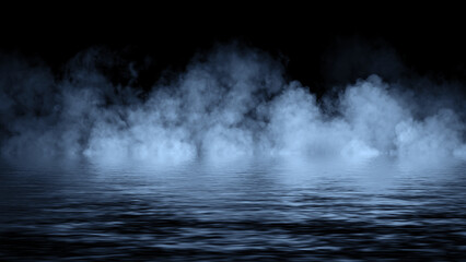 Mystery coastal blue fog . Smoke on the shore . Reflection in water. Texture overlays background. Stock illustration. Design element.