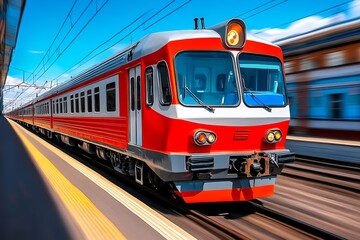 Obraz premium Passenger train speeding along the rails, with blurred motion capturing the train's speed and power as it glides through the countryside