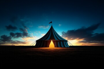 Silhouette of a circus tent, with just the iconic pointed roof and striped pattern, set against a plain background, representing the simplicity and excitement of the circus
