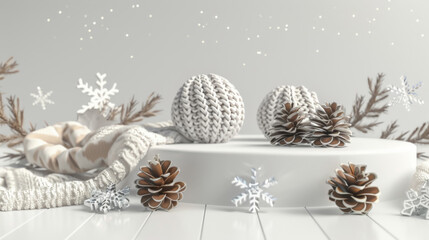 Cozy winter decor with knitted accents and pinecones for seasonal celebration and home design