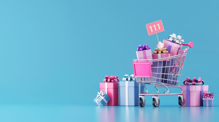 Shopping cart with gift boxes for singles' day promotion against blue background