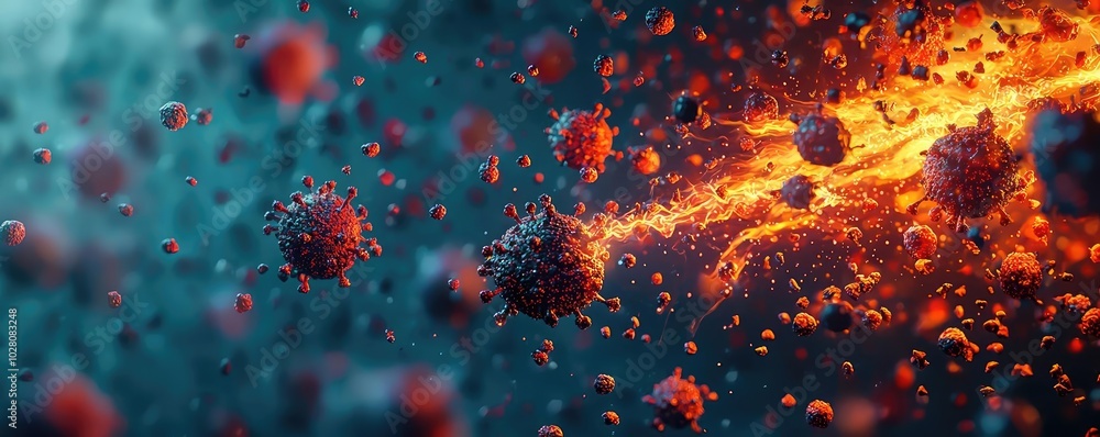 Poster colorful abstract representation of viruses in a dynamic environment.