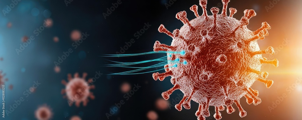 Poster realistic 3d rendering of virus cells on dark background with visual effects.