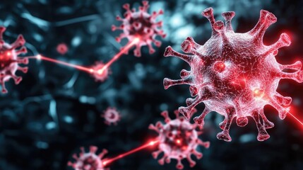 Digital representation of virus cells with glowing red structures and blue background.