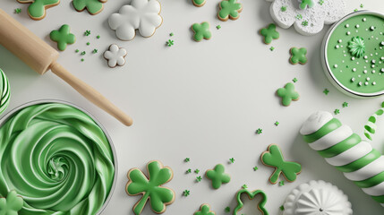 Fototapeta premium St. patrick's day green and white clover cookies with festive decorations for celebrations