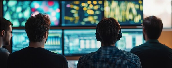 Team of professionals analyzing data on multiple screens in a modern office environment, focused on insights and collaboration.