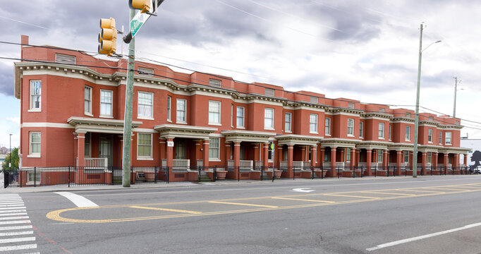Knoxville, TN, USA-Sept. 18, 2024: Built in 1913, rowhouses at 5th and Broadway in Emory Place, the Minville Manor Apts.