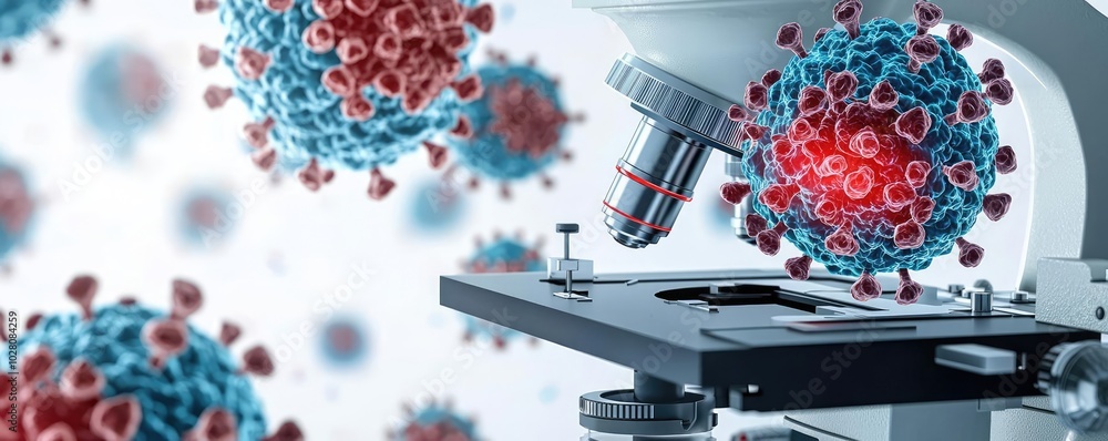 Poster microscope examining virus cells on a laboratory table, white isolate background.