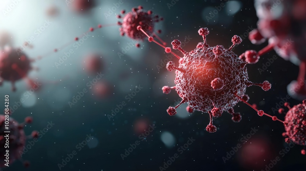 Poster microscopic view of virus structure on a dark background with a blurred effect.