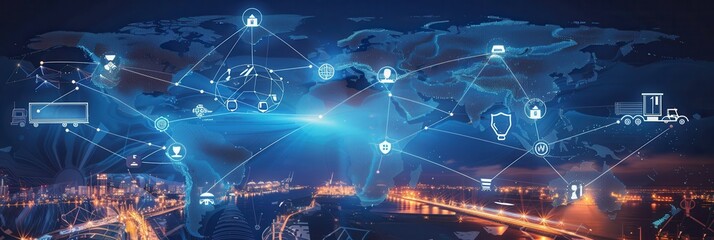 Fototapeta premium Highlighted transport routes and icons illustrate global connectivity across air, land, and sea transport systems in a modern context. Generative AI
