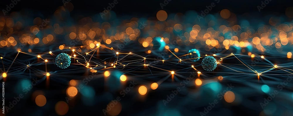 Poster abstract network connections with glowing nodes on dark background.