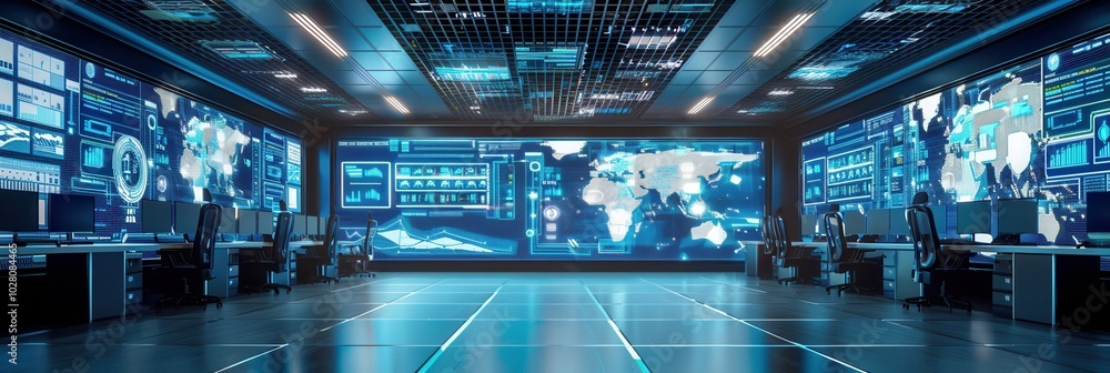 Poster the logistics control center features multiple large screens showing real-time delivery data and opt