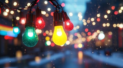 Christmas lights in red, green, yellow, and blue, glowing with vibrant holographic energy, high-tech reflections in metallic surfaces, Cyberpunk, Neon, 3D Render