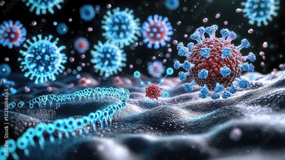 Poster microscopic view of viruses and rna strands in a textured background.