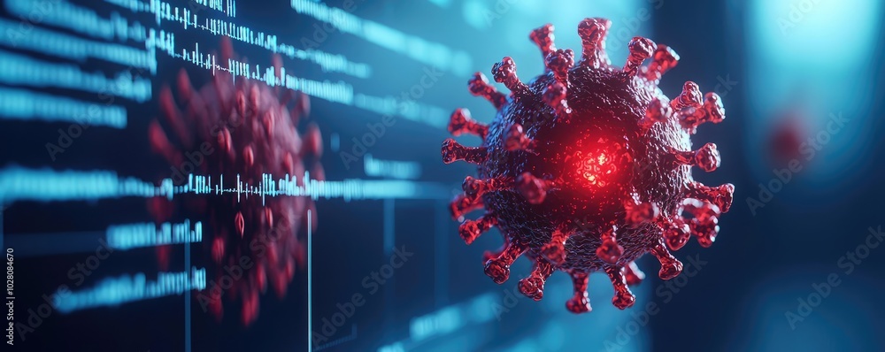 Poster 3d virus model with red core, digital display background, isolated visual.
