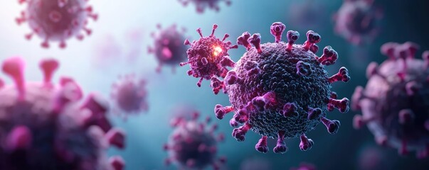 Artistic representation of virus cells in vibrant colors on a dark background.