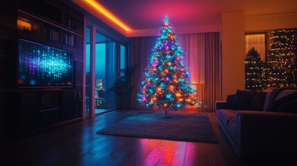 Tech-enhanced Christmas tree glowing with synchronized lights and sound, vibrant RGB colors, smart home setting, holographic effects, Cyberpunk, Digital Art