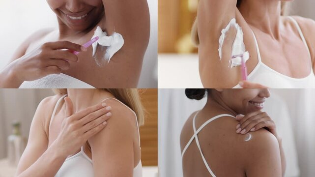 A woman demonstrates various hair removal methods, applying cream and using a razor on her underarm and arm. Bright and clean surroundings enhance the personal care routine.