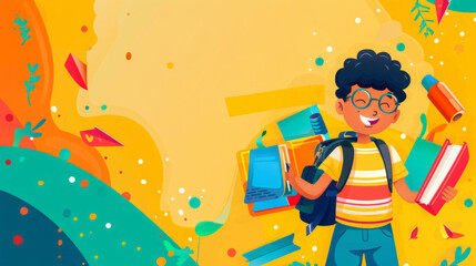 Happy student with backpack and books on bright colorful background for education themes