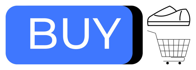 Large blue button with text BUY. Next to it are a simple shoe outline and a shopping cart icon. Ideal for e-commerce, retail, online purchasing, digital marketing, website design
