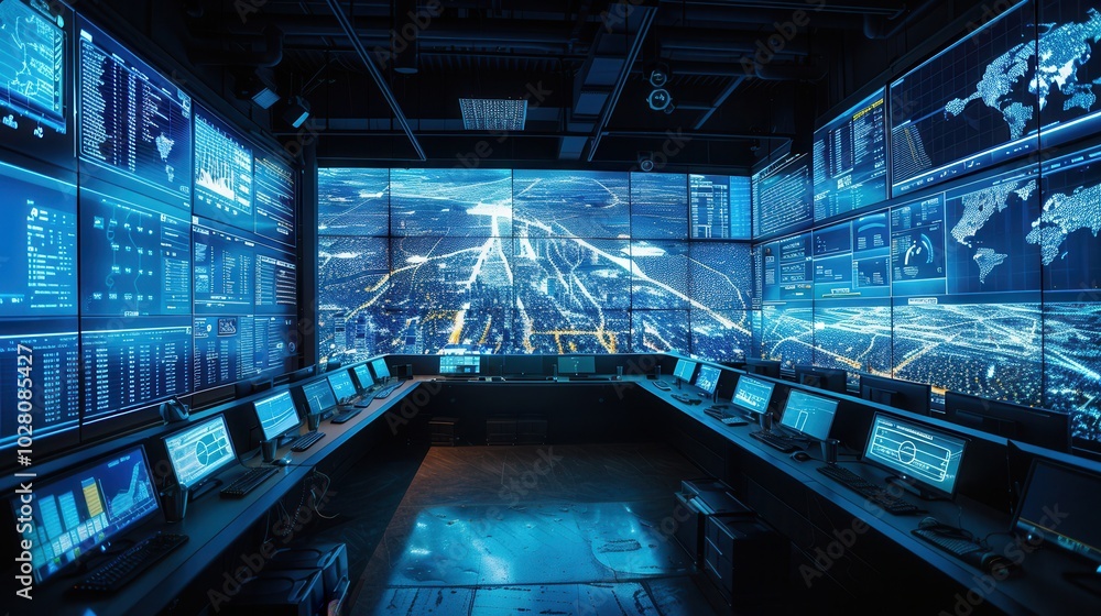 Aufkleber A logistics control center operates with multiple large screens displaying live delivery updates and route efficiencies for efficient management. Generative AI