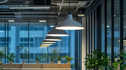 Fototapeta premium Modern office interior with sleek lighting fixtures and greenery in an urban workspace setting