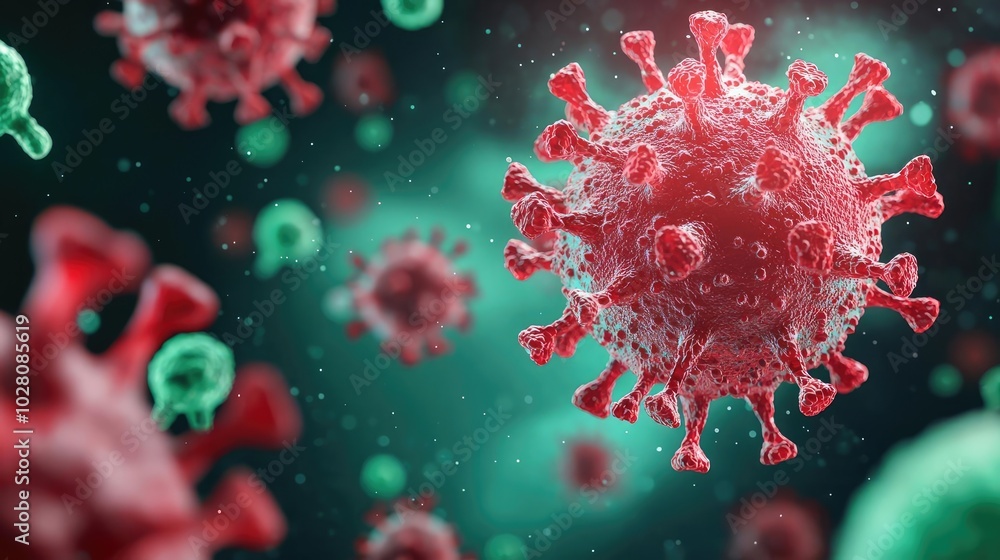 Poster 3d rendering of virus particles, colorful background