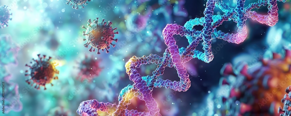 Poster abstract representation of dna interaction with viruses in colorful hues.