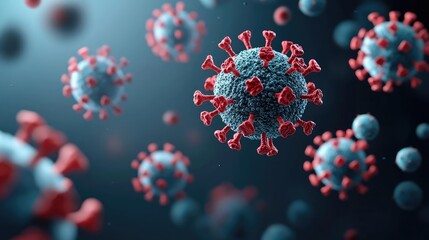 Colorful 3D representation of COVID-19 virus molecules, isolated on dark background.